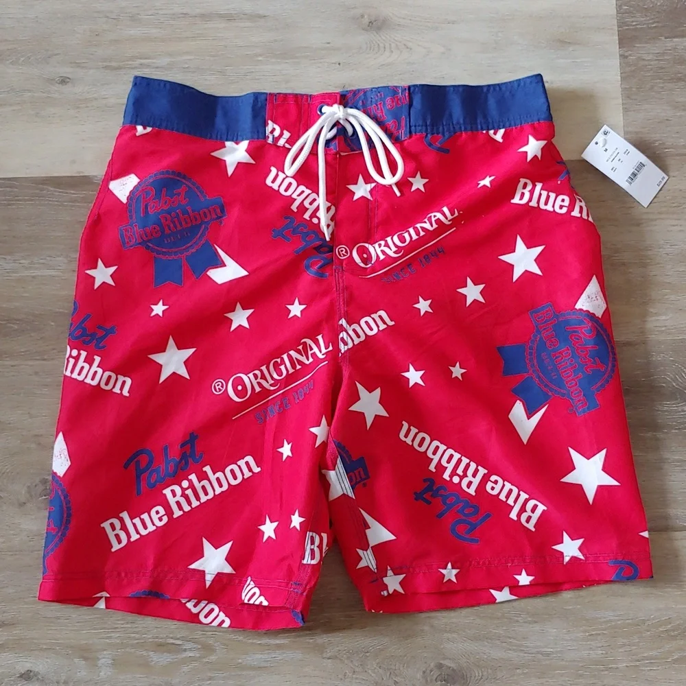 NWT Pabst Blue Ribbon Graphic Men's Board Shorts Red Size S